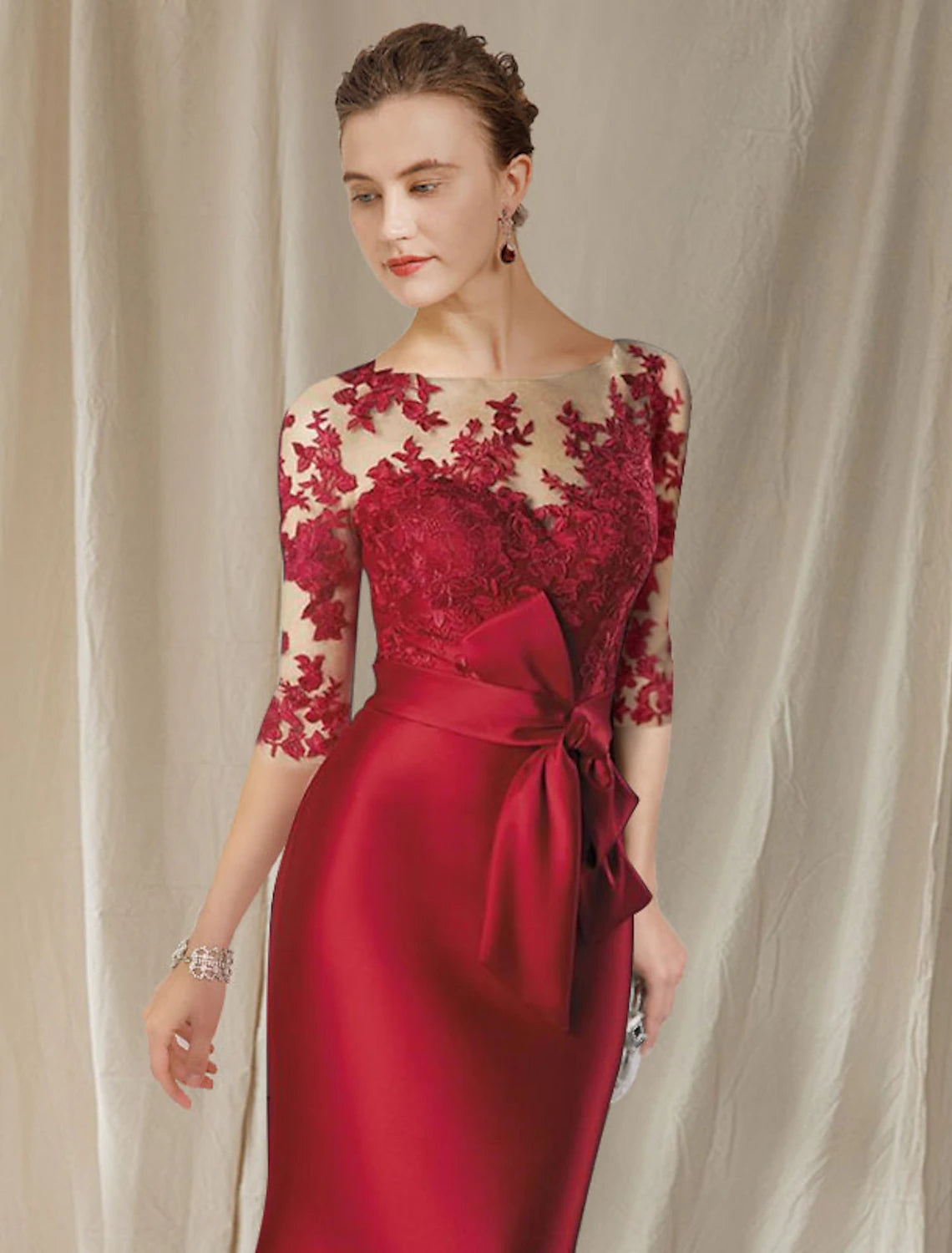 Red Mermaid Evening Dress with Lace Illusion Bodice