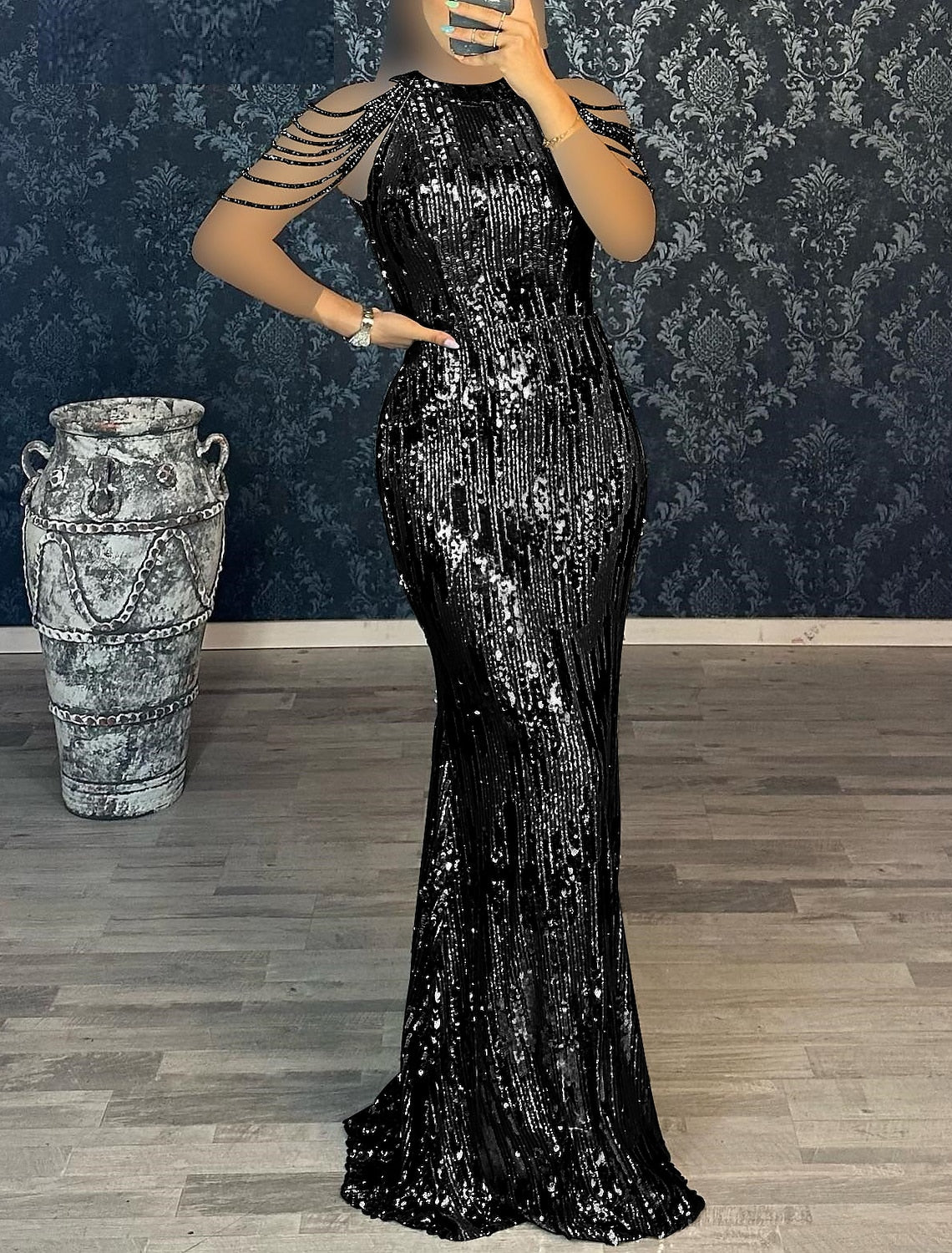 Vestido de noche elegante de sirena/trompeta, con lazo negro, largo hasta el suelo, manga corta, cuello joya, vestido negro con lentejuelas y flecos y borlas.