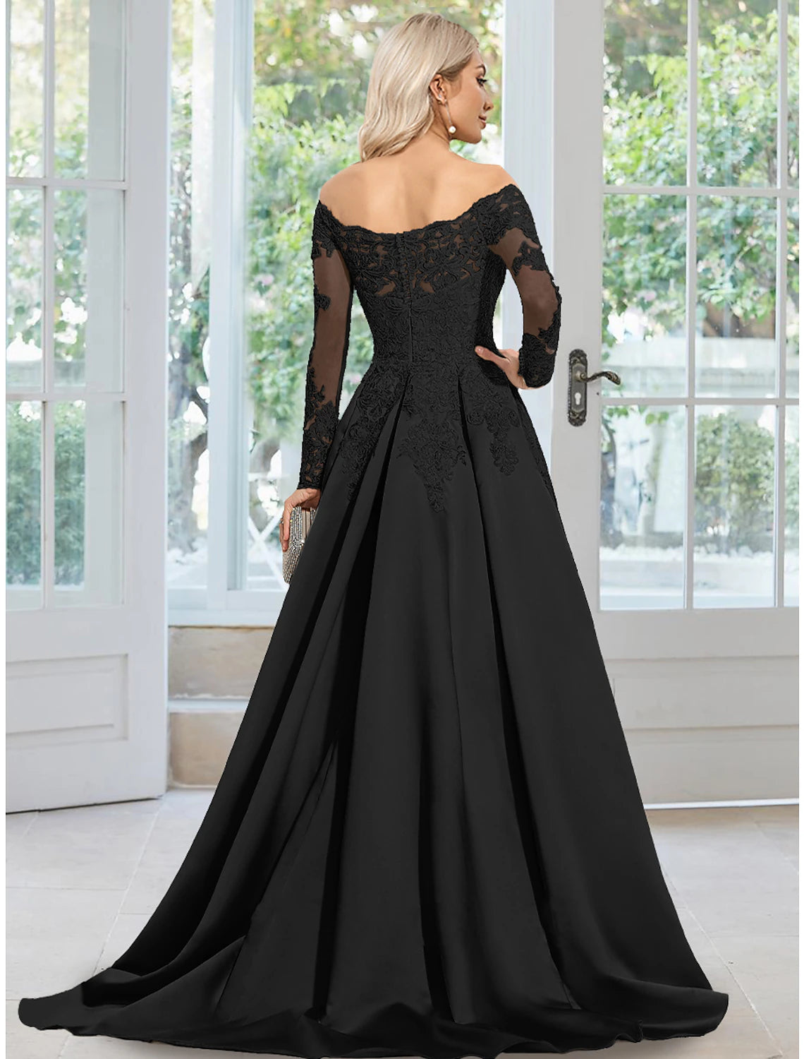 Black Satin Off-the-Shoulder A-Line Floor-Length Evening Dress