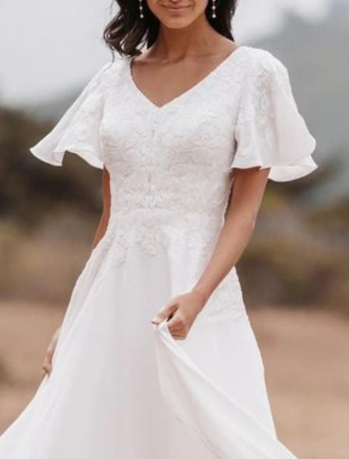 Vestidos de novia blancos cortos, corte A, escote en V, manga corta, largo hasta el suelo, de gasa, con apliques