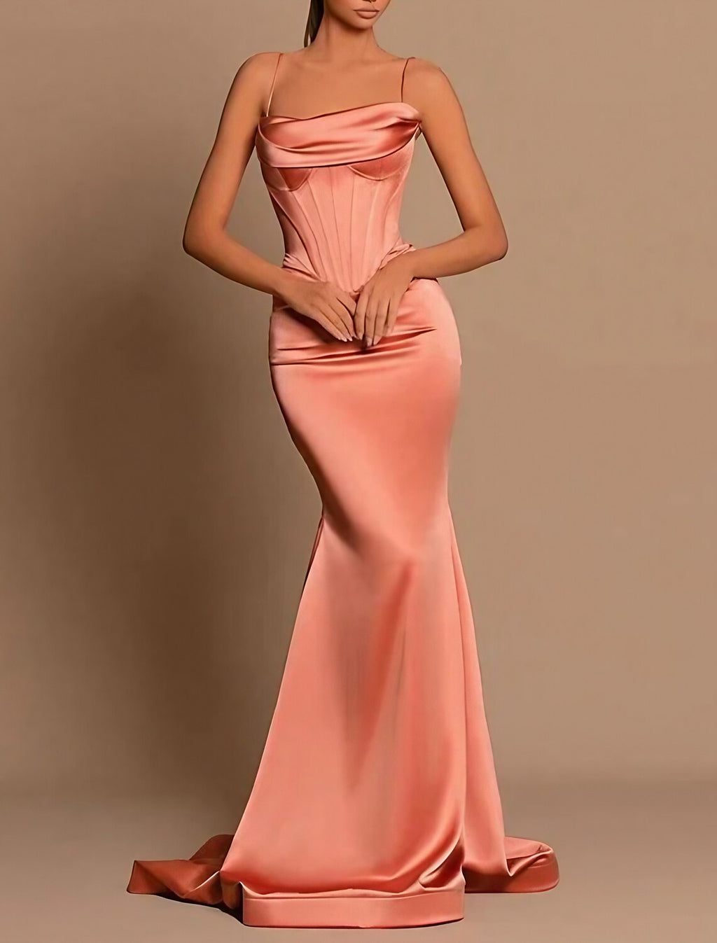 Vestido de noche de sirena/trompeta con corsé, vestido de cóctel para boda, vestido de cola larga/cepillo, sin mangas, tirantes finos, vestido de dama de honor de satén con fruncido