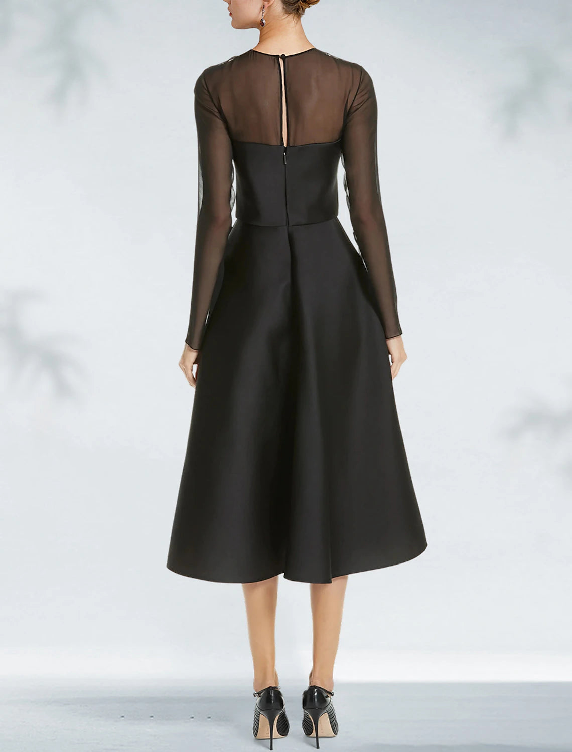 A-Line Cocktail Dresses Elegant Black Dress Plus Size Wedding Guest Party Wear Tea Length Long Sleeve Jewel Neck Gothic Satin with Pleats