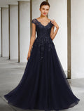 Dark Navy Tulle A-Line Floor-Length Evening Dress with Lace & Sequins