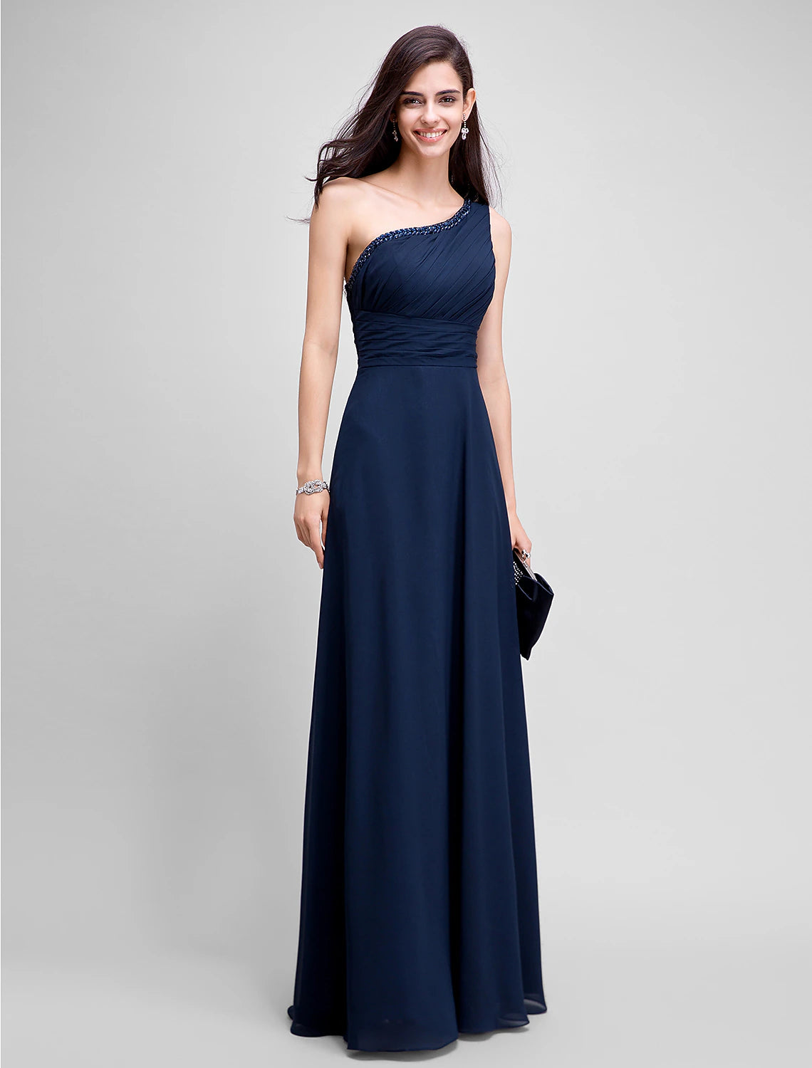 Navy Blue Chiffon A-Line One Shoulder Floor-Length Bridesmaid Dress with Pleated Bodice