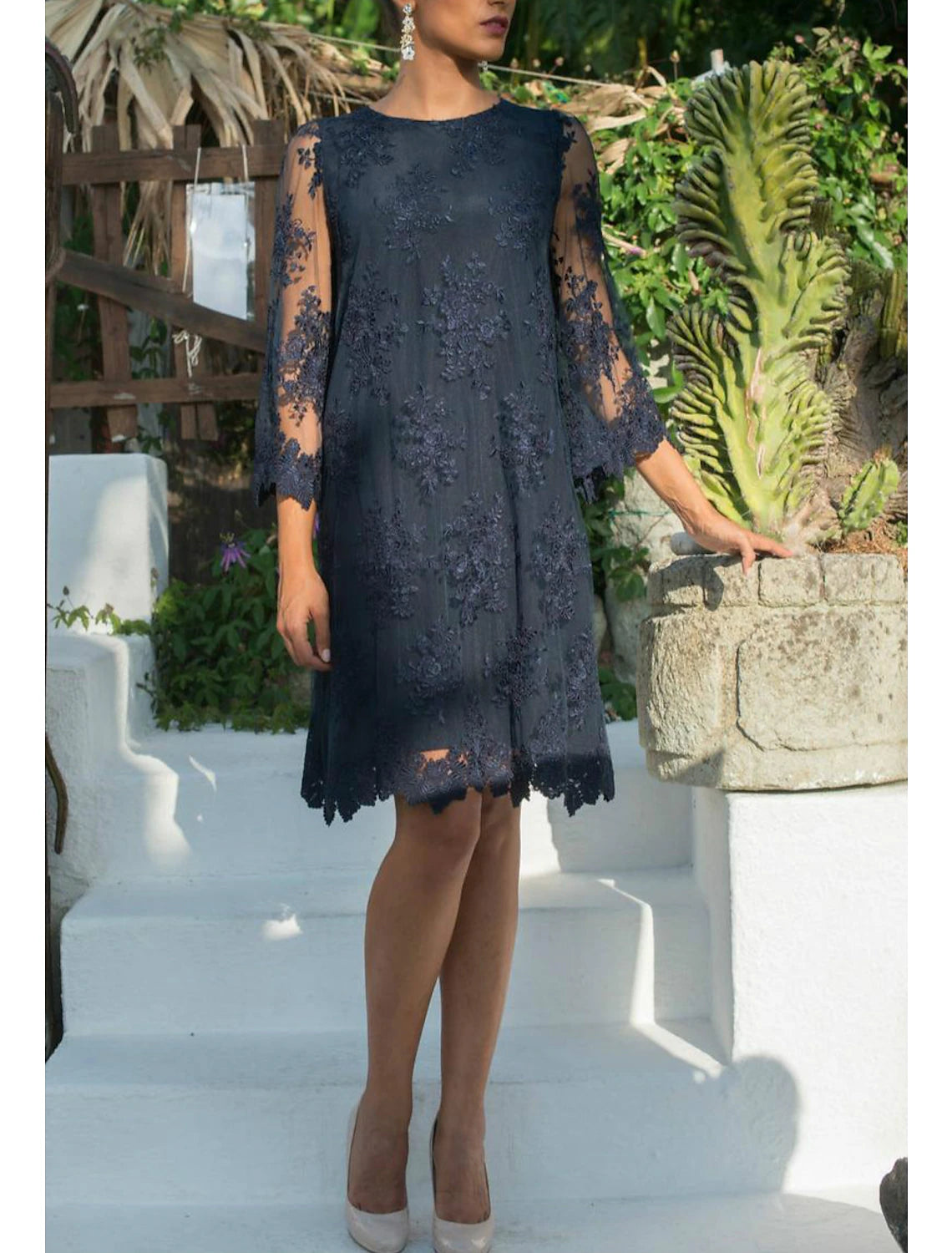 Dark Navy Lace Short A-Line Scoop Neck Dress for Wedding Guest & Cocktail Party