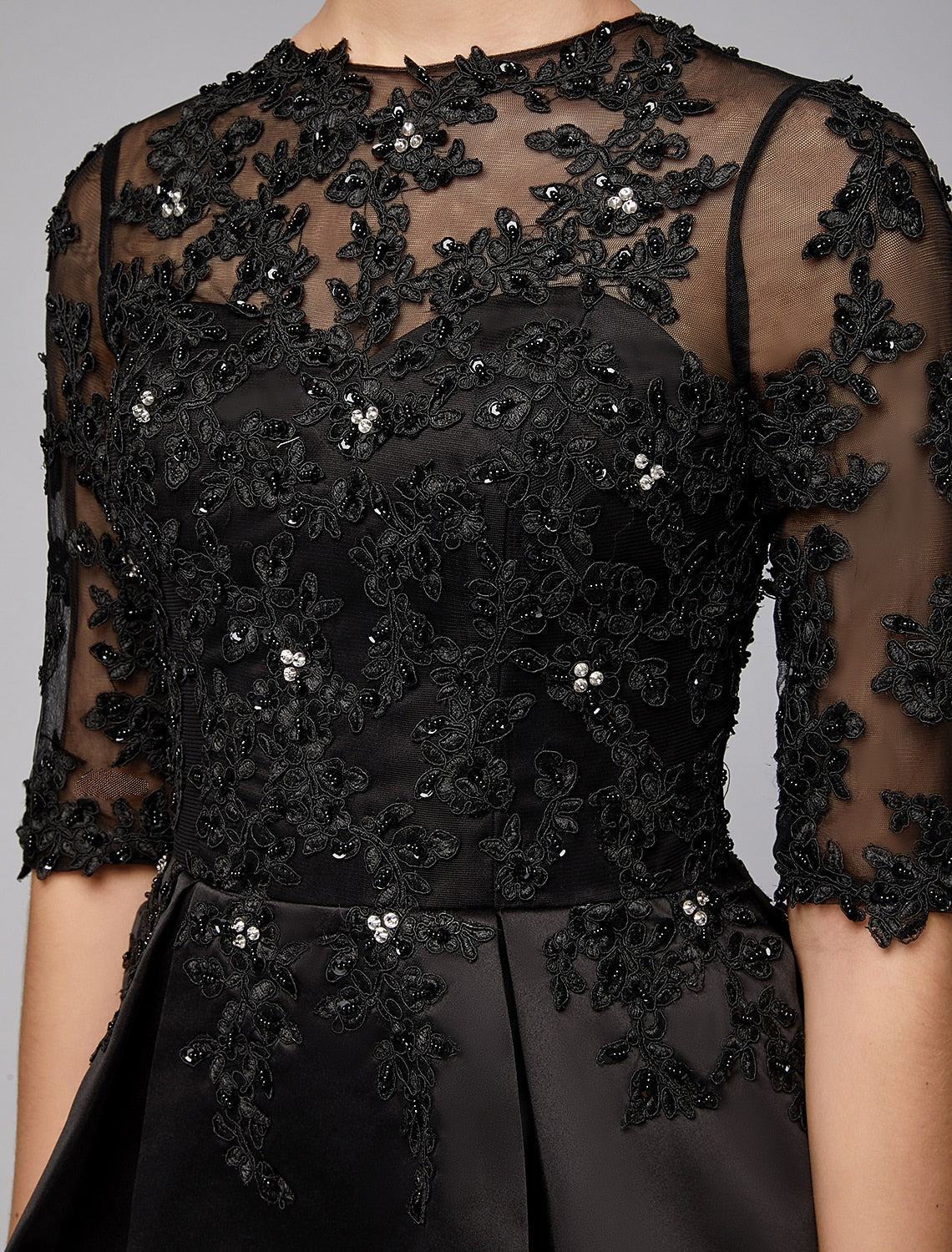 Vestido de sirena/trompeta para madre de la novia, sexy, transparente, con escote joya, cola larga/cepillo, encaje satinado, media manga con apliques de cuentas