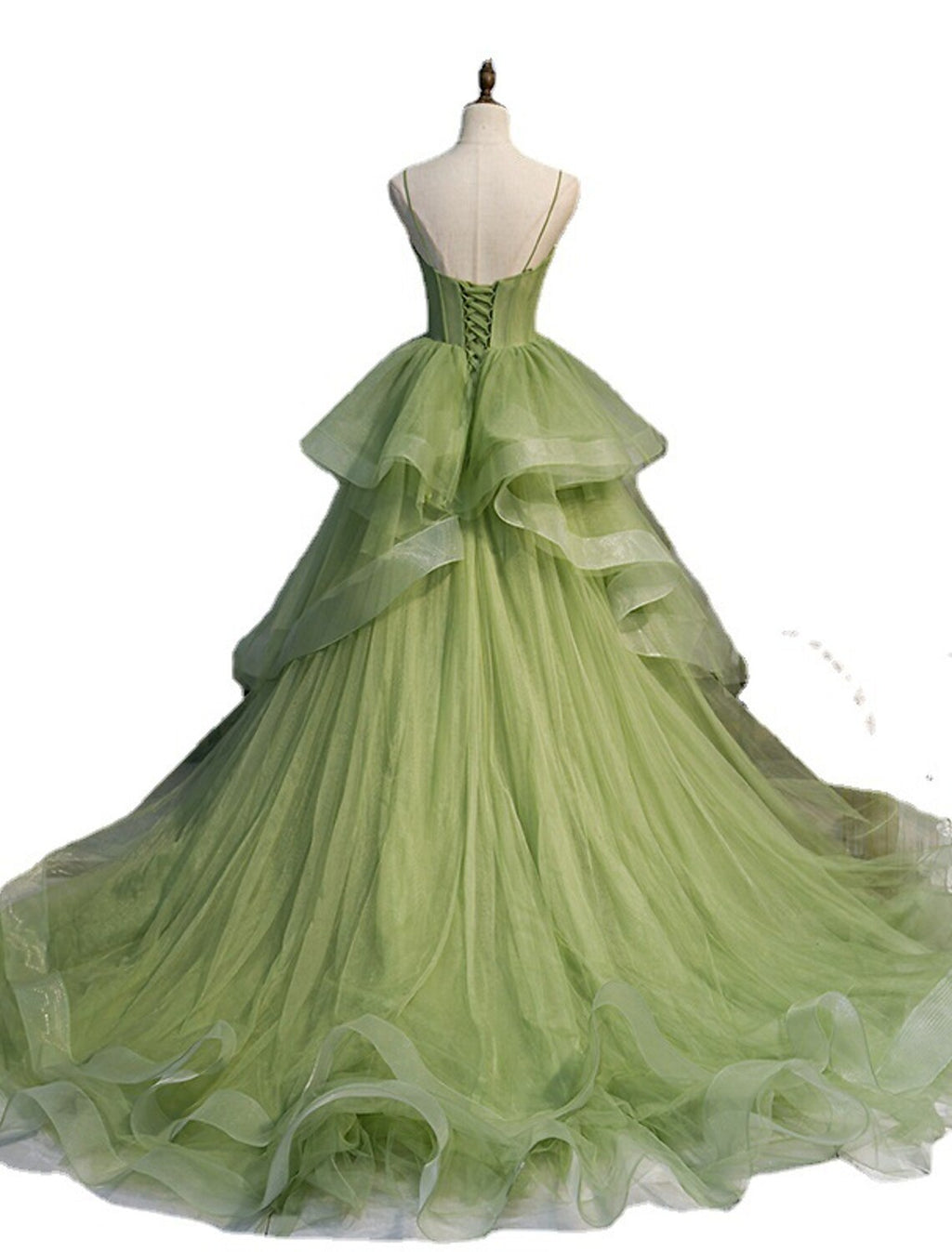 Sage Green Tulle Tiered Floor-Length Evening Dress with Sweetheart Neckline