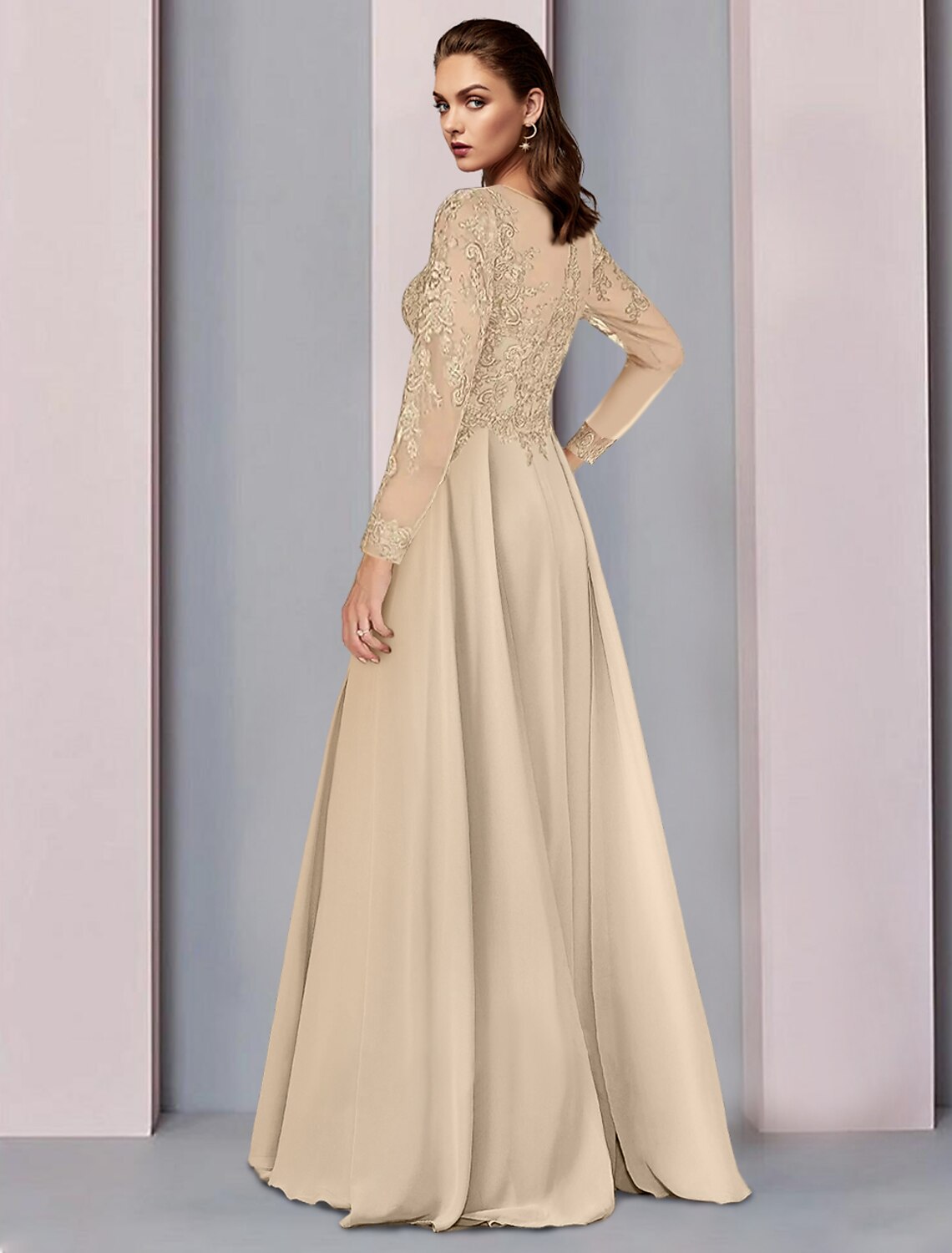 Abito da cerimonia per la madre della sposa, a trapezio, elegante, con scollo a barchetta, lunghezza al pavimento, in chiffon, mezza manica, con arricciature in pizzo
