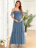 Dusty Blue Tulle Empire Floor-Length Bridesmaid Dress