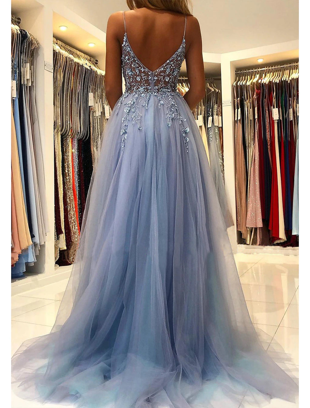 Abito da ballo a trapezio, abito da principessa, abito da ballo formale, strascico corto, senza maniche, scollo a V, tulle con perline