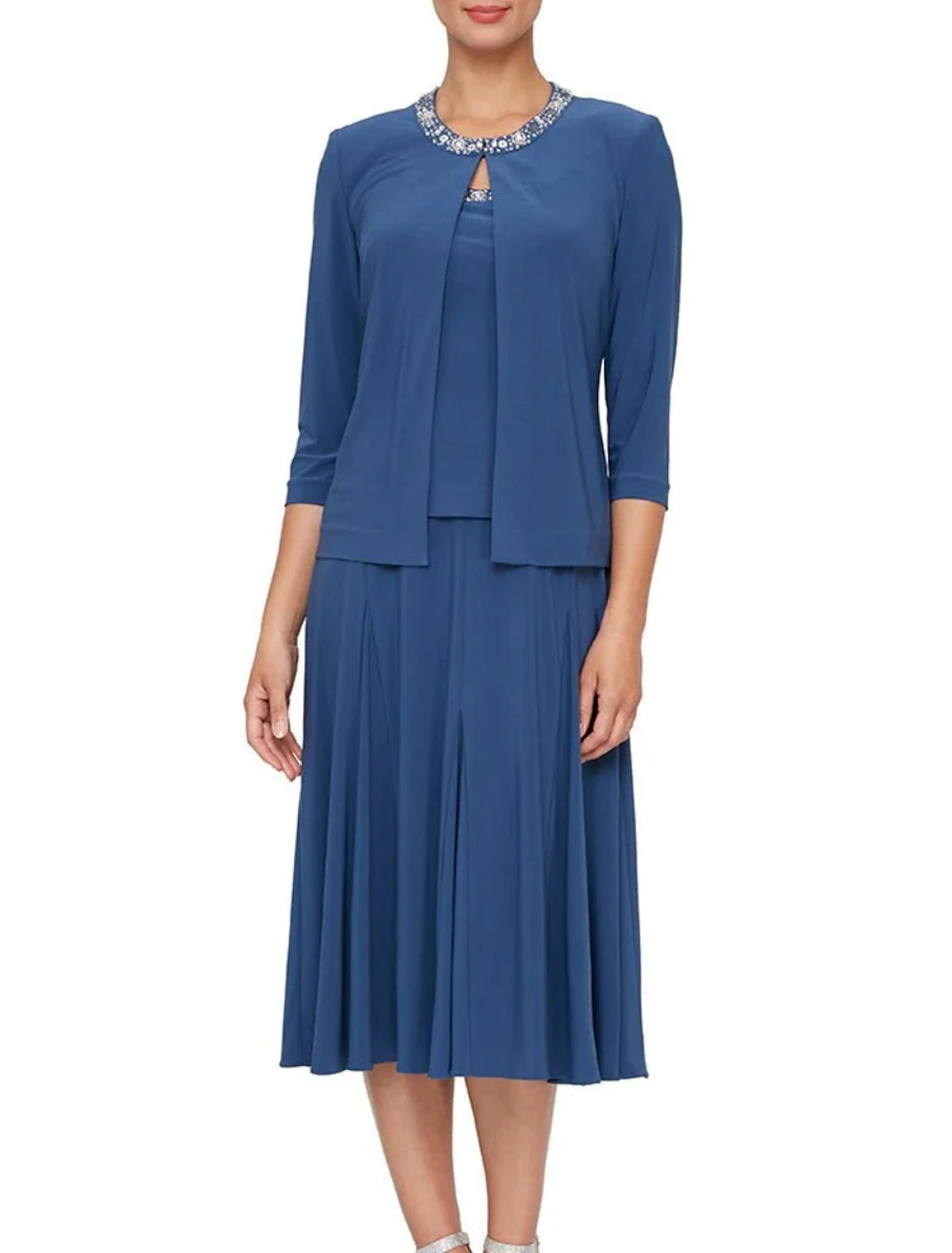Dark Navy Crepe A-Line Tea-Length Evening Dress with Embellished Keyhole Neckline and Pleated Skirt