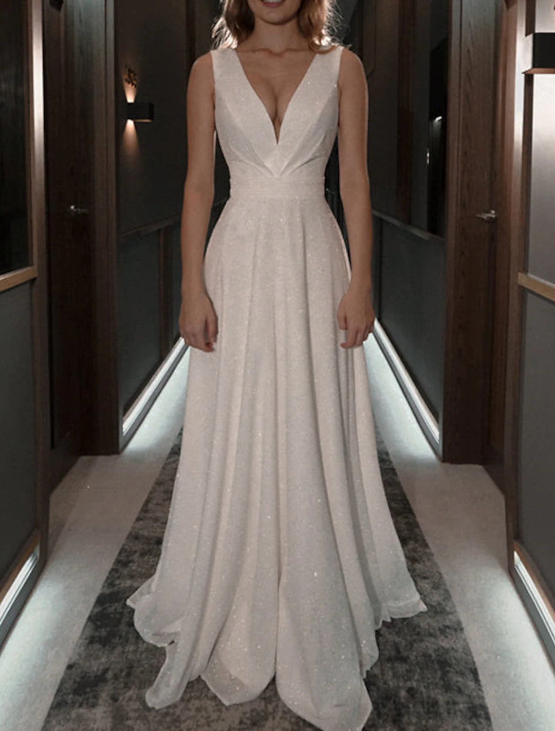 Abiti da ballo a trapezio, scintillanti, per matrimoni, compleanni, con strascico a ruota, senza maniche, scollo a V, per ricevimenti autunnali, in tulle con paillettes