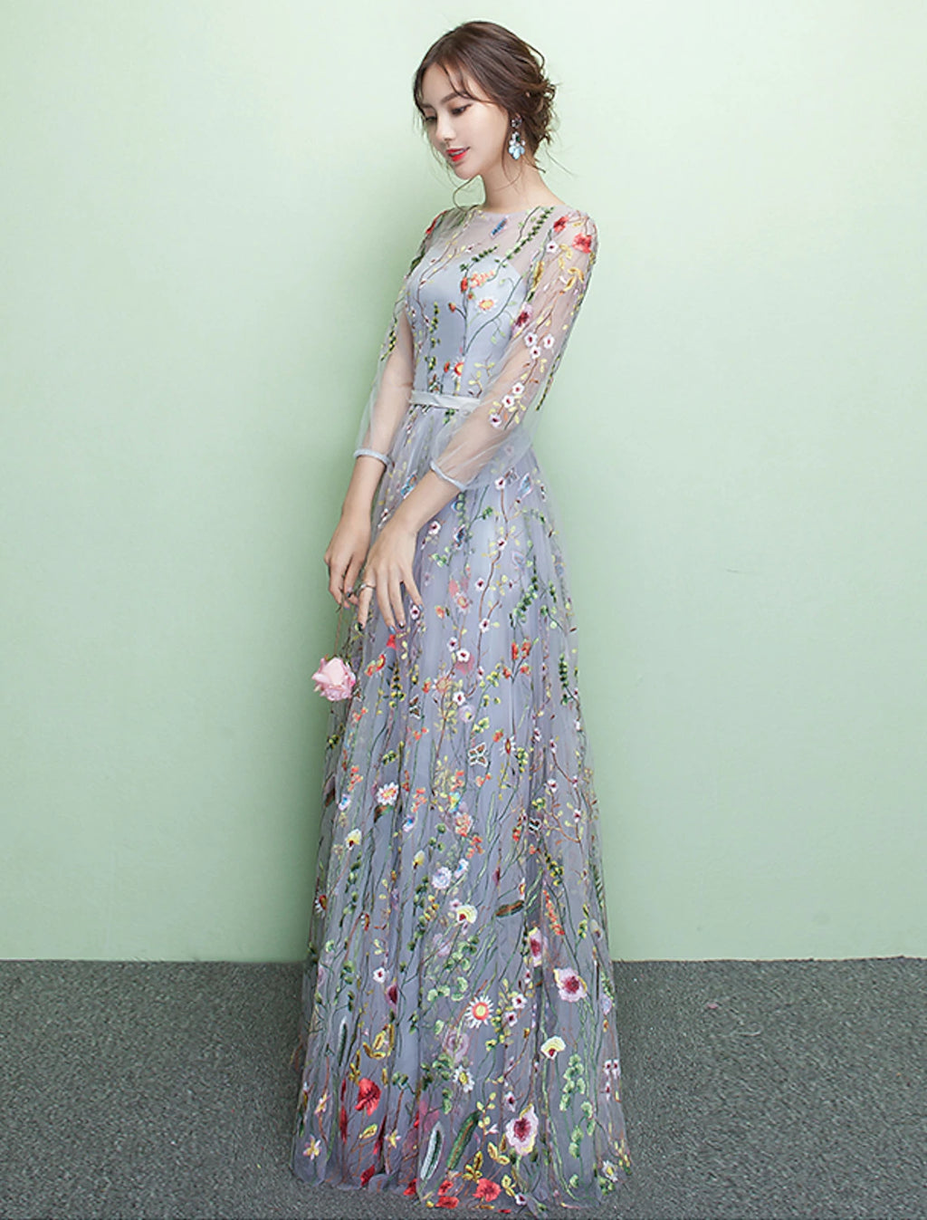 Vestido de noche formal elegante de corte A con brillo y brillo, escote joya, mangas 3/4, largo hasta el suelo, encaje con bordado