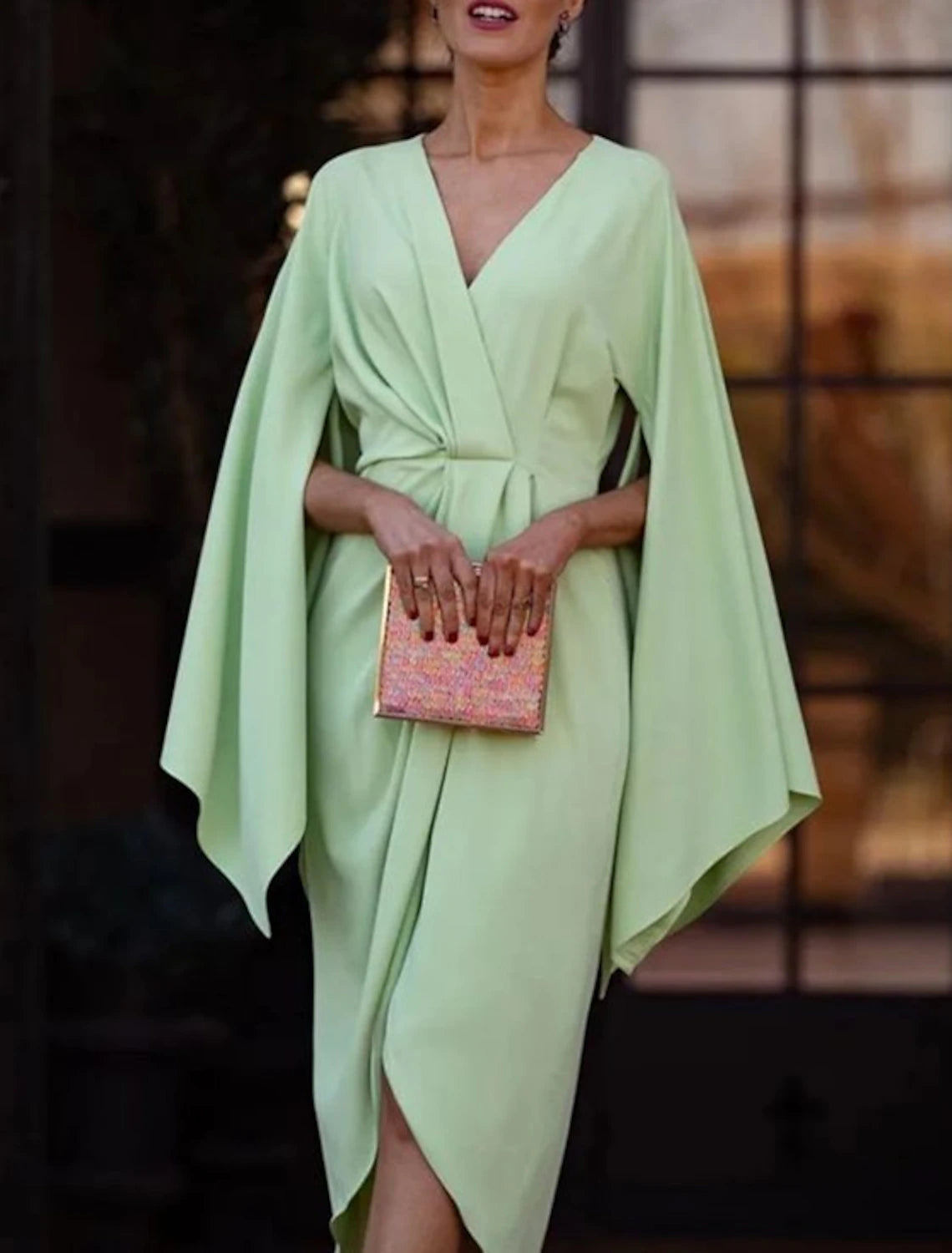 Vestidos de invitada de boda de tubo/columna Vestido elegante Vestido de fiesta de cóctel Vestido de fiesta de boda Asimétrico Manga larga Cuello en V Vestido de invitada de boda de otoño de gasa con fruncido