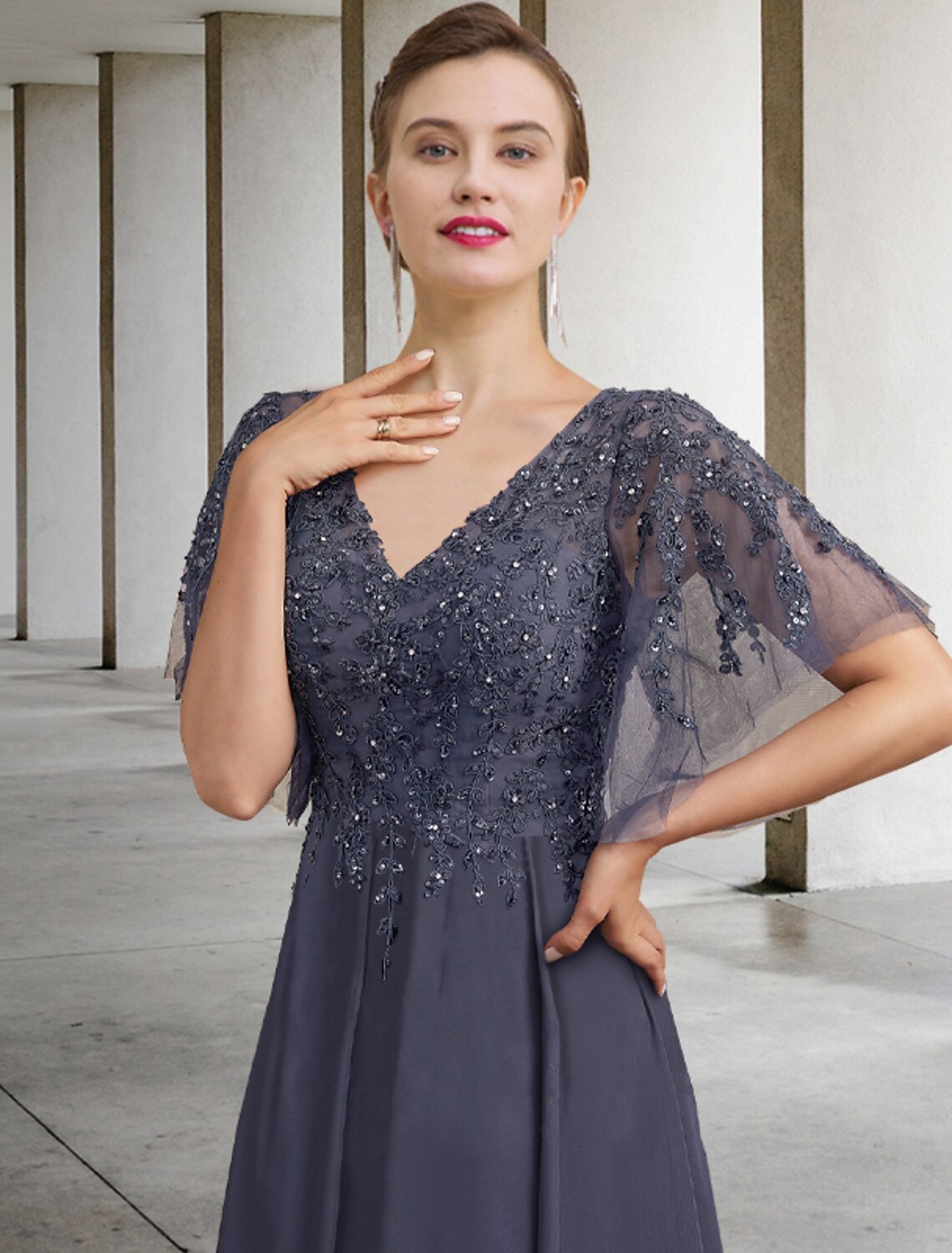 Abito da madre della sposa a trapezio, taglie forti, con scollo a V, elegante, lunghezza alla caviglia, in chiffon, pizzo, maniche corte, con applicazioni di perline e paillettes