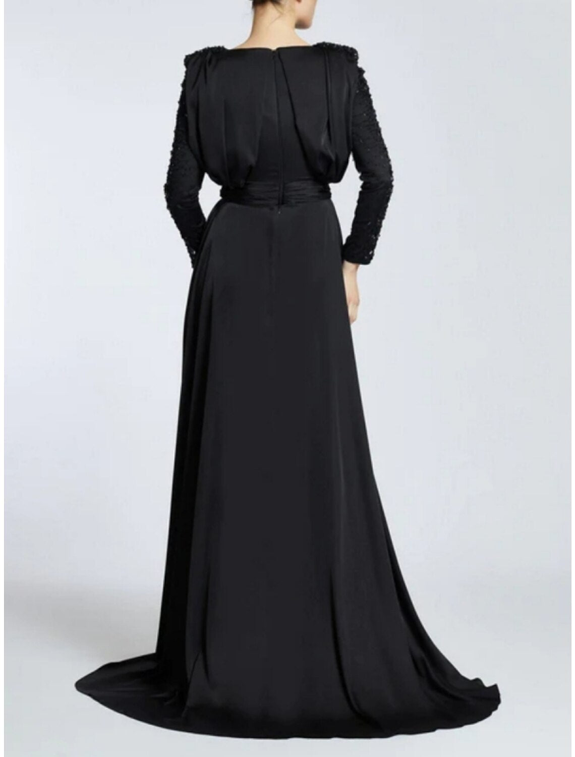 Vestido de noche negro de corte A, vestido elegante de talla grande, vestido formal con cola larga, cuello joya, satén con pliegues y lentejuelas