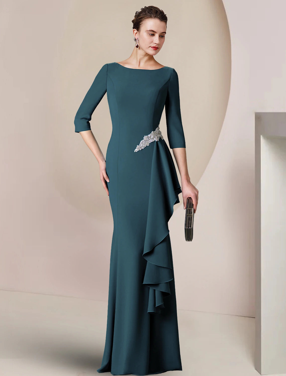 Teal Crepe Sheath/column Floor-Length Gown with Beaded Waist