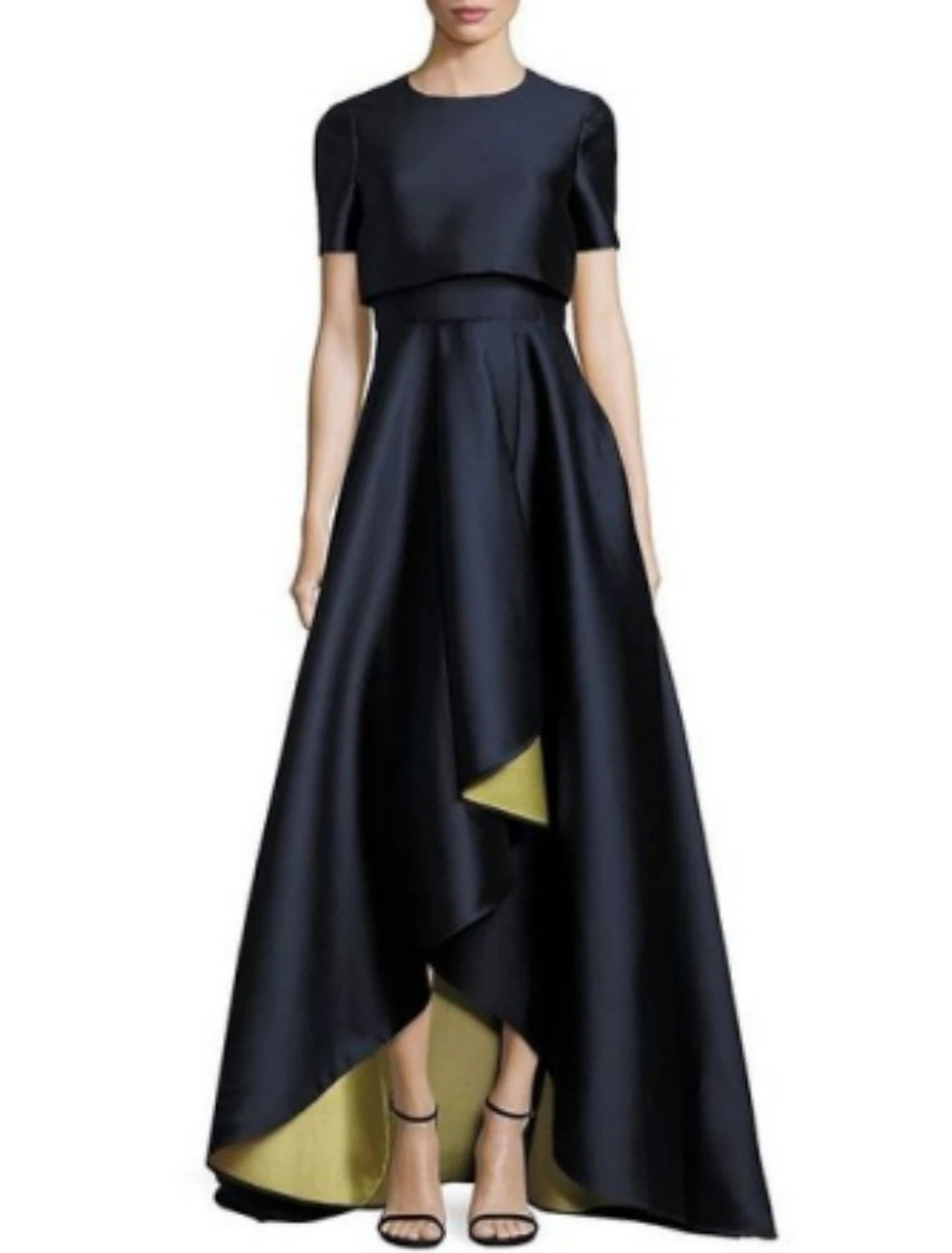 Vestido de dos piezas para madre de la novia, estilo tubo/columna, para invitada de boda, iglesia, elegante, sencillo, alto bajo, escote joya, asimétrico, tafetán, manga corta con pliegues, color liso