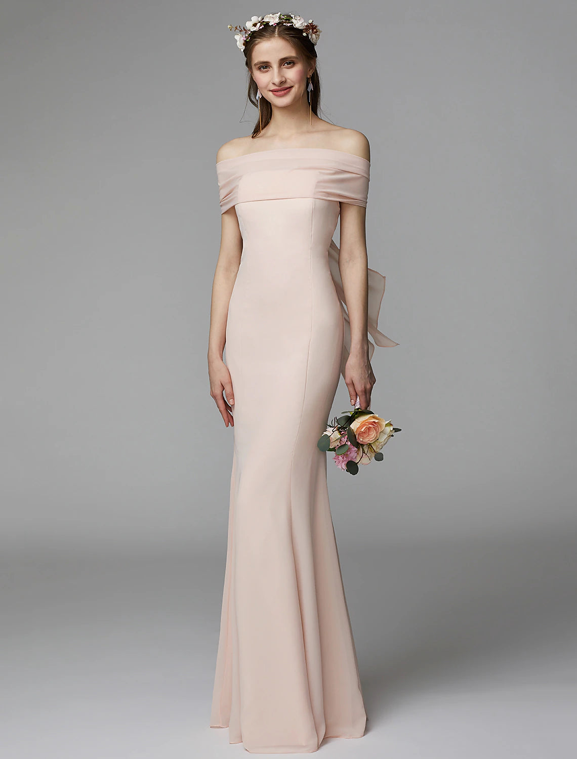 Blushing Pink Off-the-Shoulder Mermaid Floor-Length Bridesmaid Dress