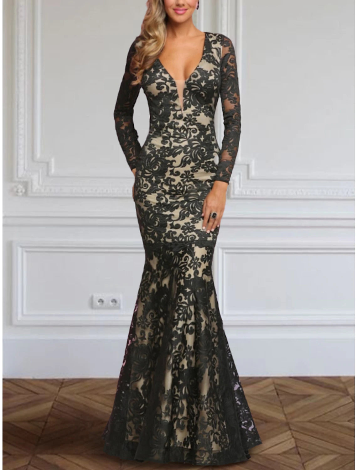 Vestido de noche elegante de sirena/trompeta, vestido formal de otoño, largo hasta el suelo, manga larga, escote en V, encaje con pliegues y bordado
