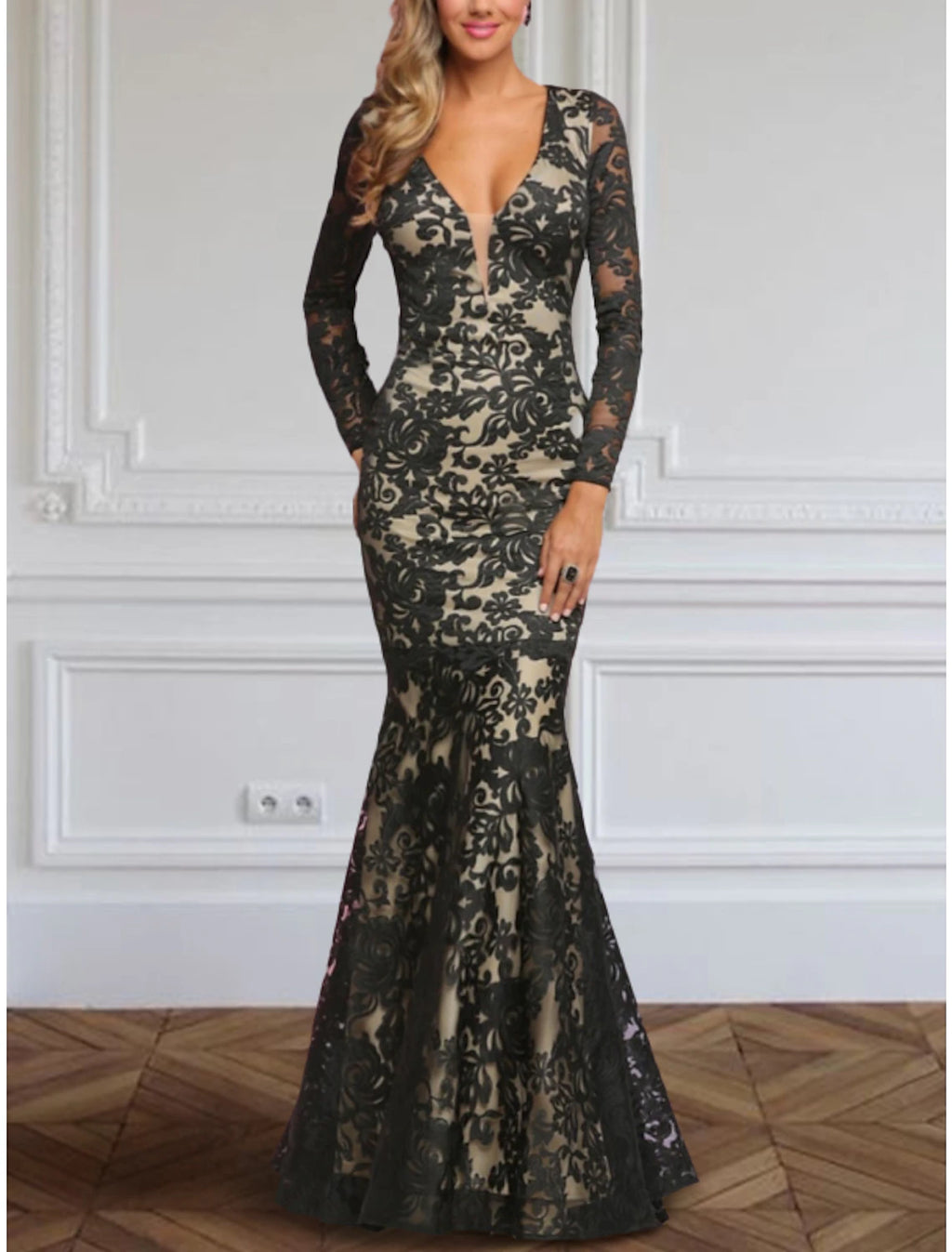 Black Lace Mermaid Floor-Length Evening Dress with Plunging V-Neck