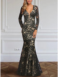 Black Lace Mermaid Floor-Length Evening Dress with Plunging V-Neck