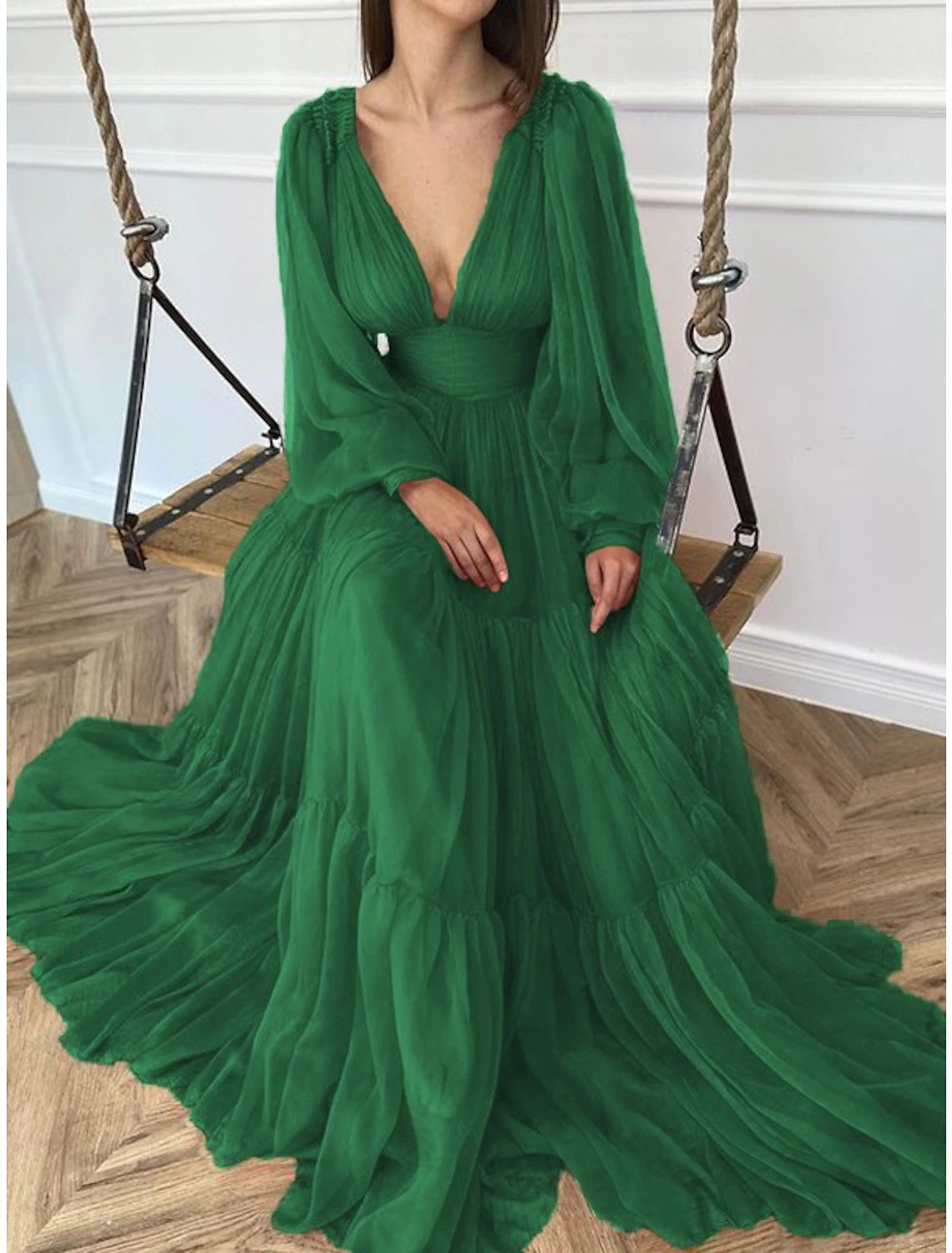 Orange Chiffon A-Line Floor-Length Evening Dress with Voluminous Puff Sleeves and Tiered Skirt