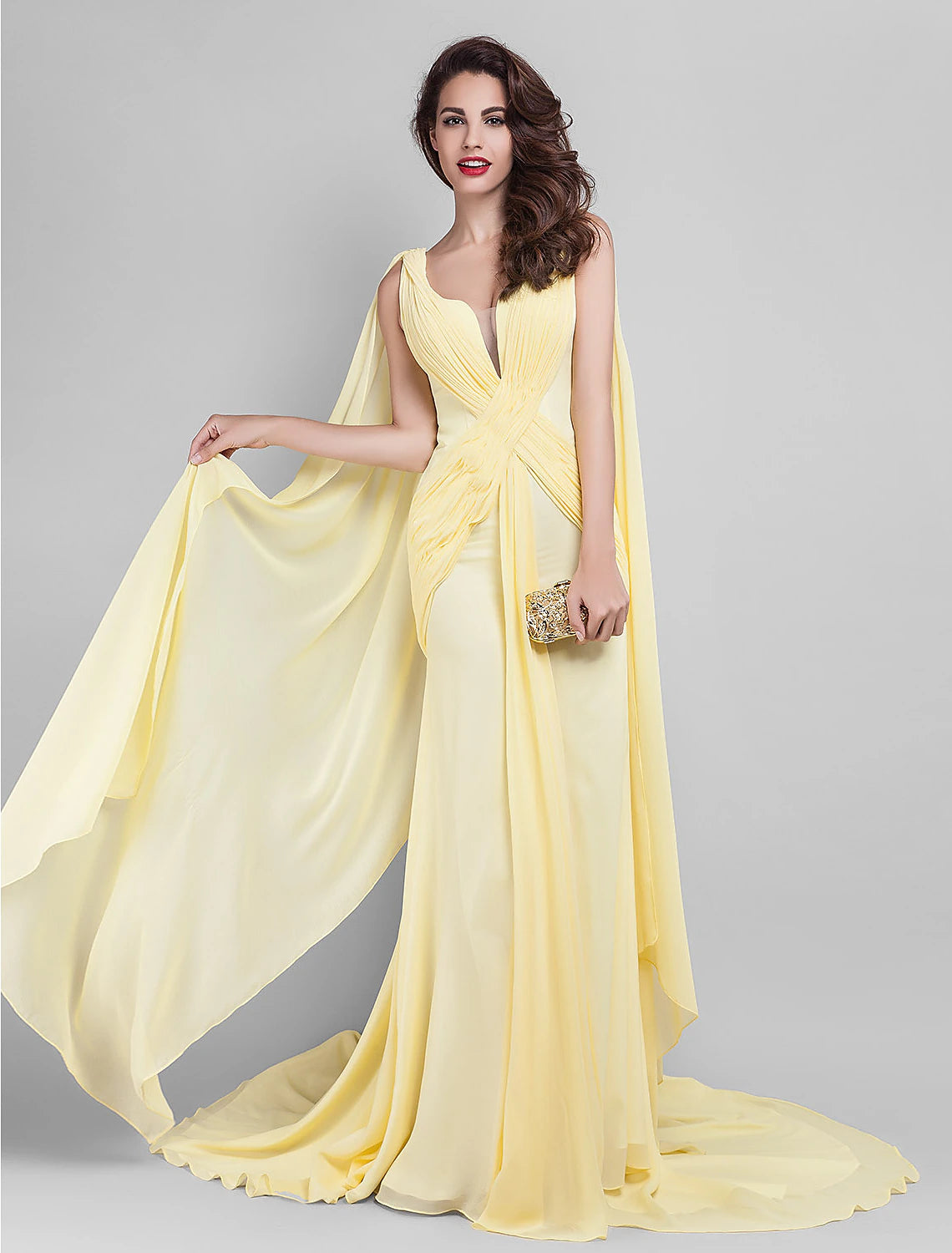 Abito elegante a tubino/colonna, per invitati a nozze, ballo di fine anno, strascico, senza maniche, scollatura profonda, georgette, schiena a V con drappeggio laterale incrociato