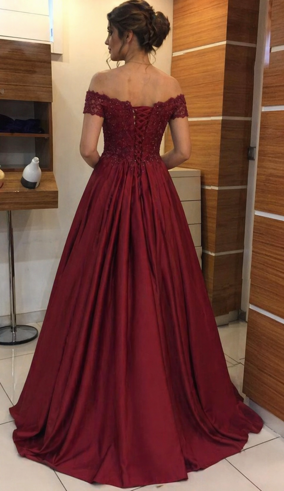 Burgundy Satin Off-the-Shoulder A-Line Floor-Length Evening Gown
