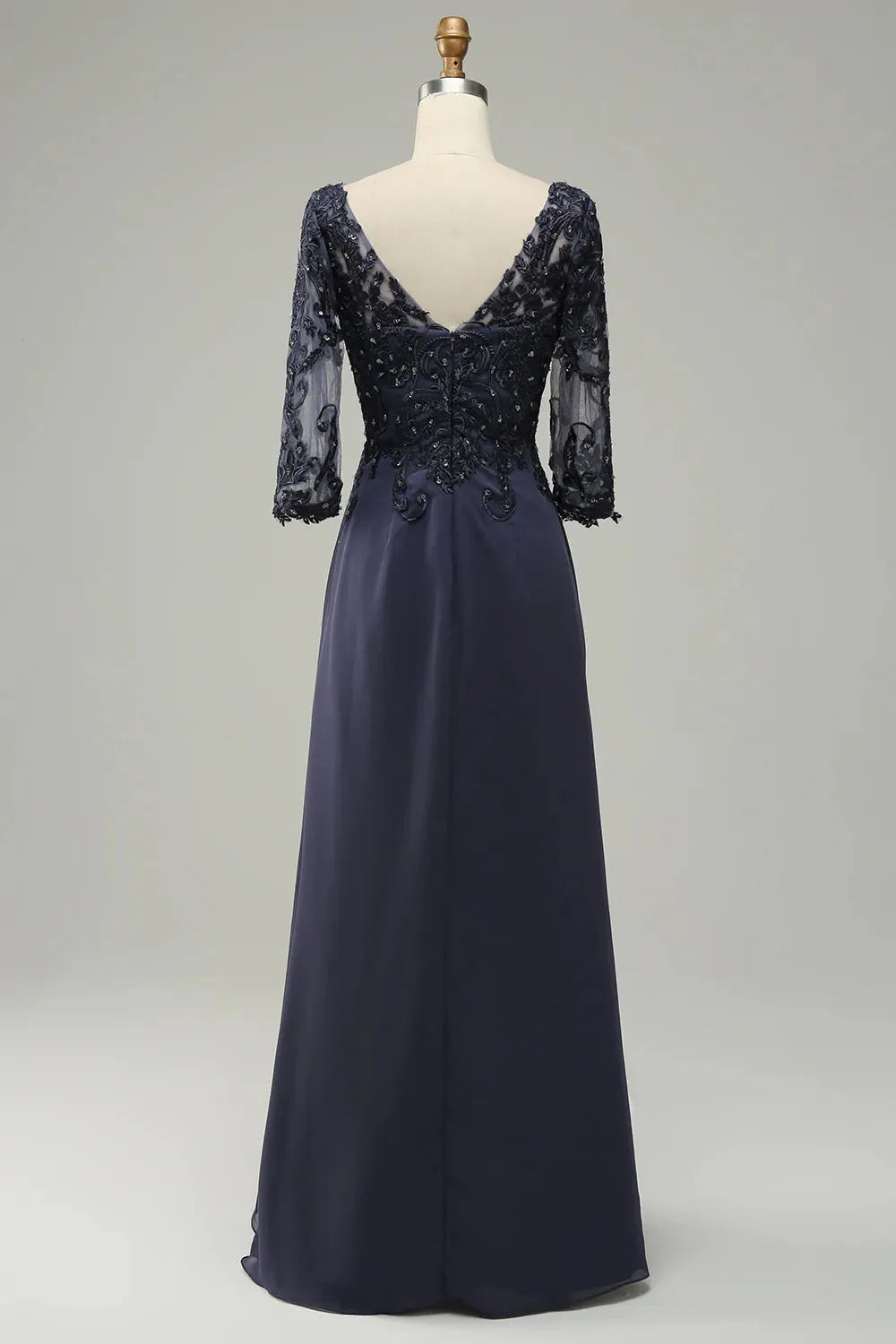 Dark Navy Chiffon A-Line Floor-Length Illusion Neck Lace Bodice Evening Dress