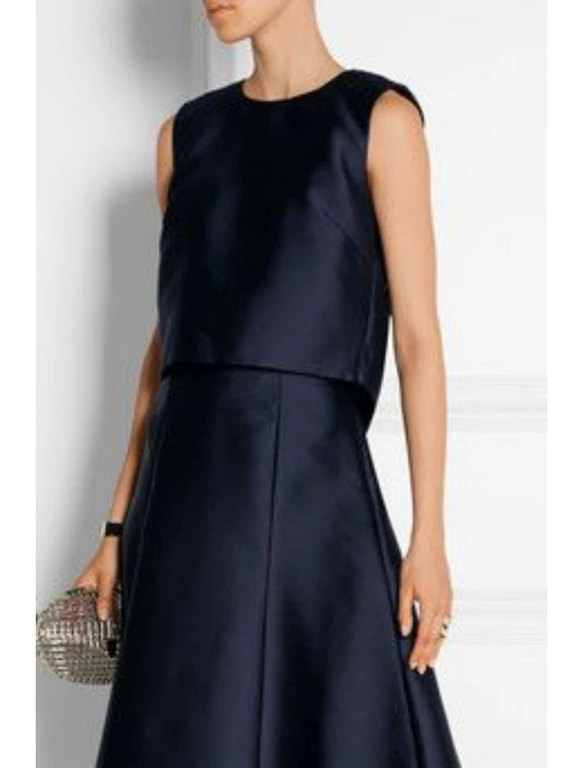 Dark Navy Satin A-Line High-Low Scoop Neck Dress