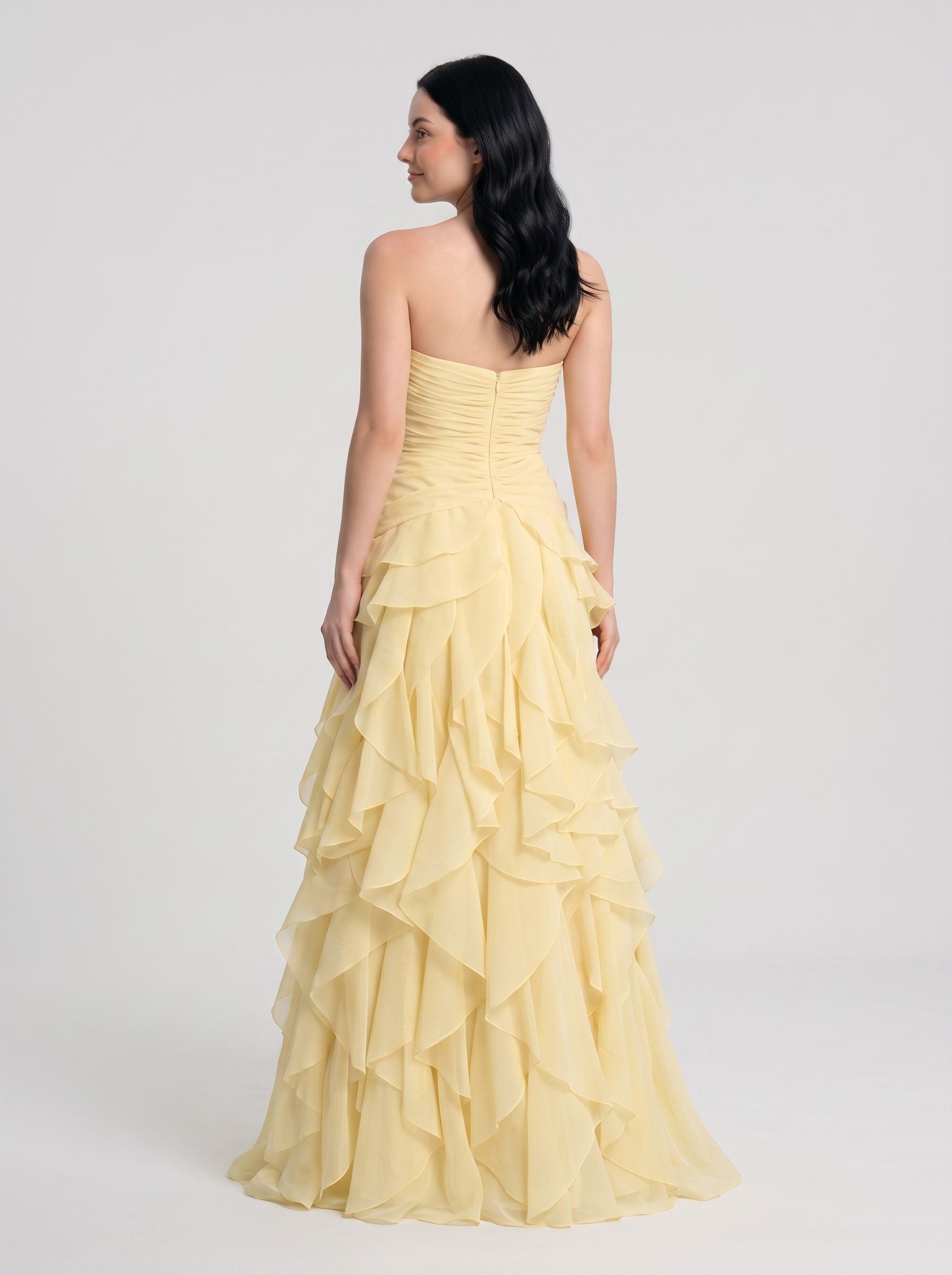 Daffodil Chiffon A-Line Sweetheart Zipper Back Floor-Length Dress Back View - Jimiss