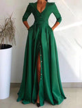 Vestido de noche elegante de corte A, vestido formal navideño con cola larga, mangas 3/4, escote en V, satén con botones y abertura
