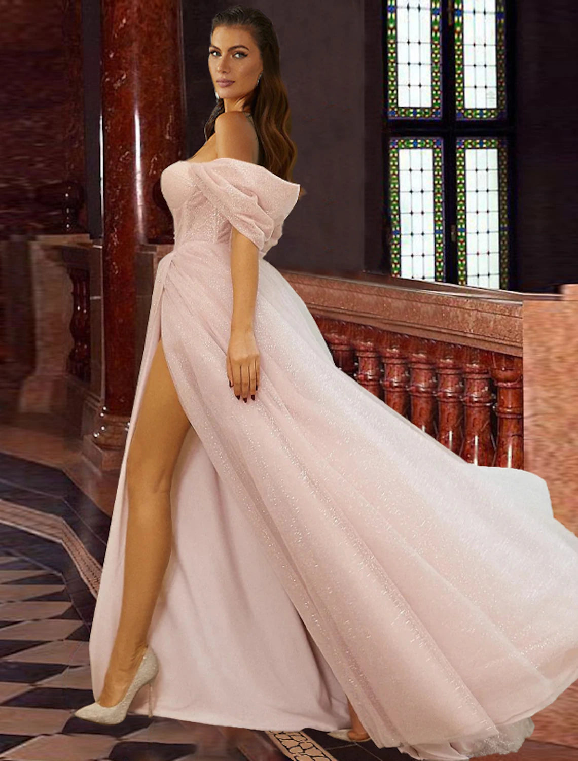 Abiti da ballo a trapezio con corsetti, abiti da ballo, strascico a ruota, maniche corte, spalle scoperte, tulle con glitter, pieghe e spacco