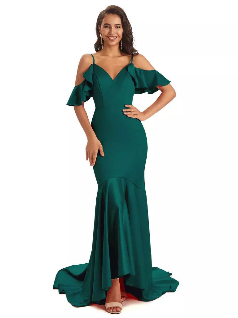 Soft Satin Asymmetric Spaghetti Straps Sleeveless Mermaid Cold Shoulder Bridesmaid Dresses