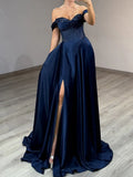 Dark Navy Satin A-Line Sweetheart Open-Back Floor-Length Dress - Jimiss
