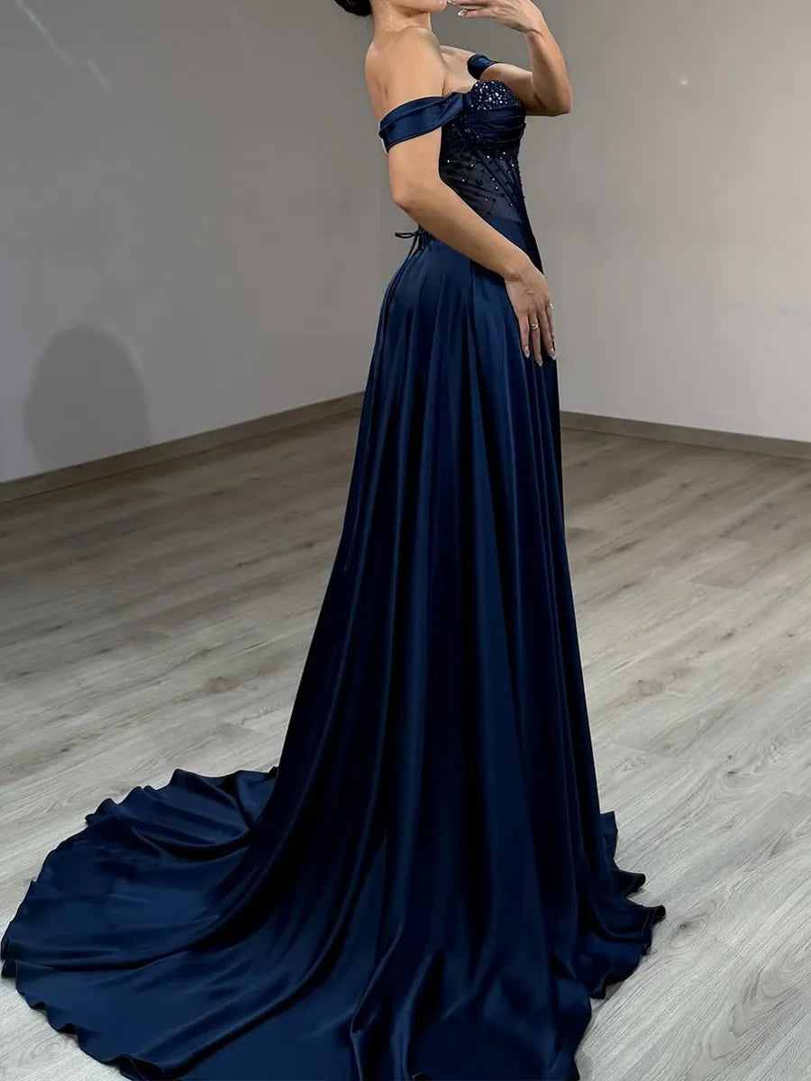 Dark Navy Satin A-Line Sweetheart Open-Back Floor-Length Dress - Jimiss