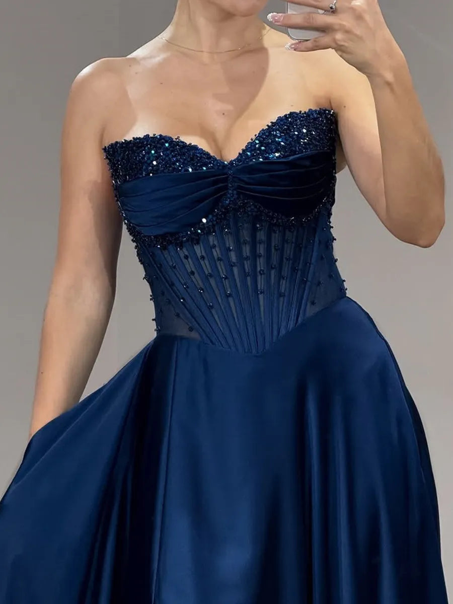 Dark Navy Satin A-Line Sweetheart Open-Back Floor-Length Dress - Jimiss