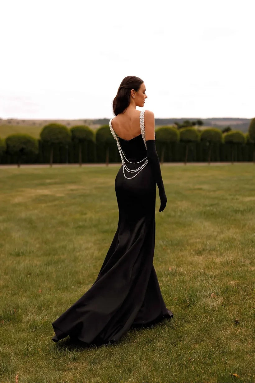 Dark Navy Satin Mermaid Square Neck Floor-Length Dress Back View - Jimiss