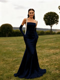 Dark Navy Satin Mermaid Square Neck Floor-Length Dress Front View - Jimiss