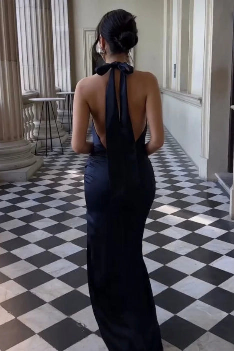 Dark Navy Satin Sheath Column Halter Open Back with Tie Bow Floor Length Dress Back View - Jimiss