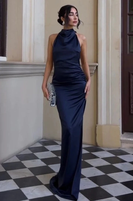 Dark Navy Satin Sheath Column Halter Open Back with Tie Bow Floor Length Dress Front View - Jimiss
