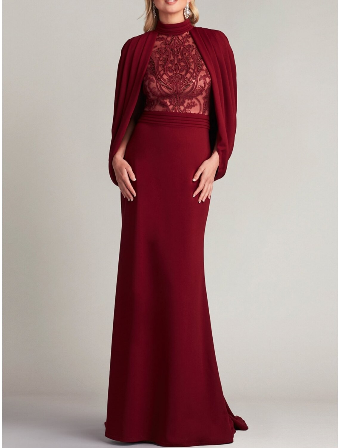 Vestido de noche elegante de sirena/trompeta, vestido formal con cola larga y cuello alto, encaje con pliegues y fruncido.