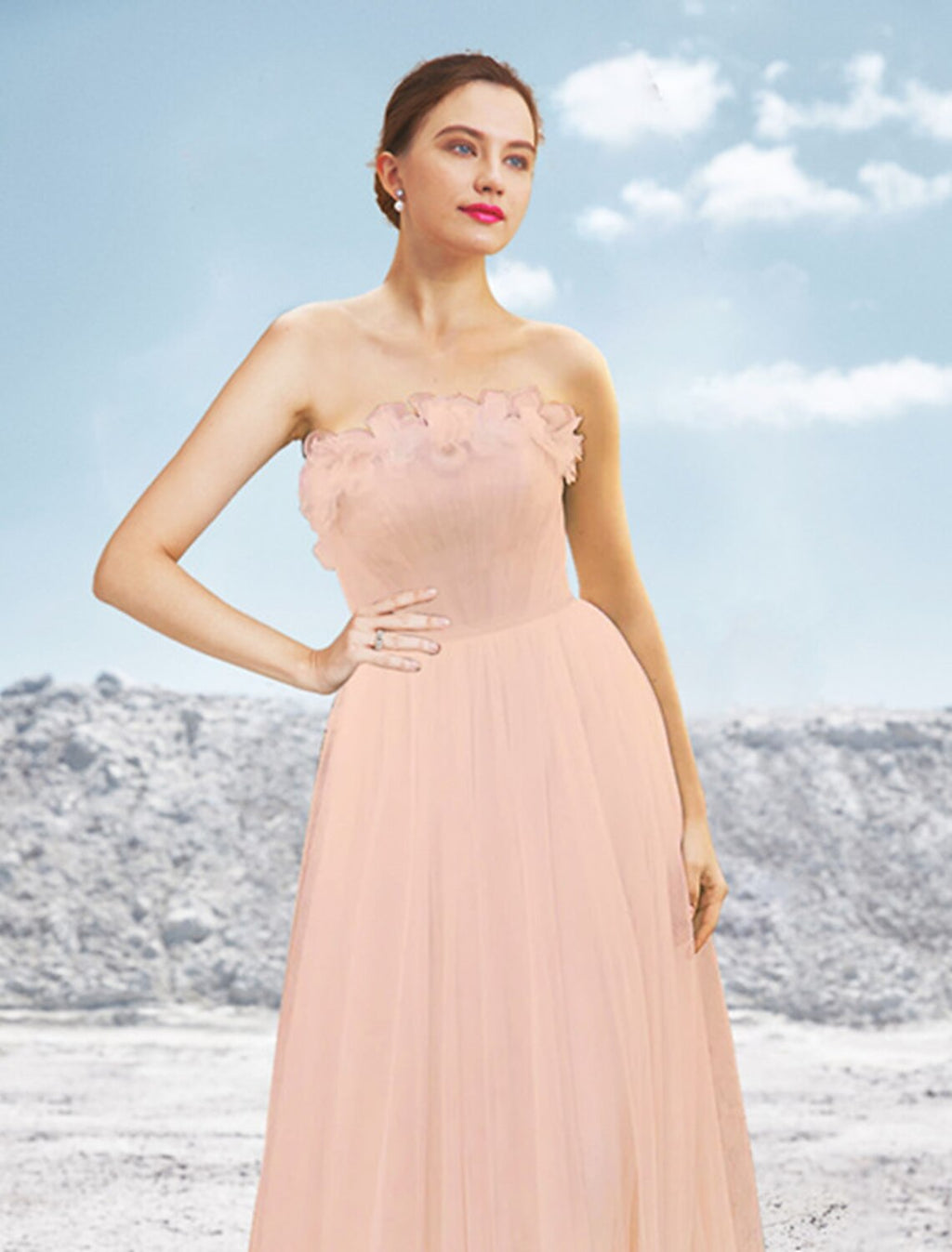 Blushing Pink Tulle A-Line Floor-Length Bridesmaid Dress with 3D Floral Details