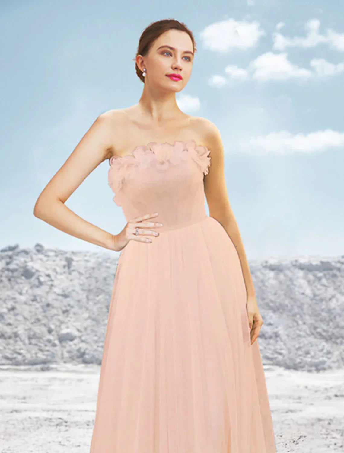 Blushing Pink Chiffon A-Line Floor-Length Bridesmaid Dress with Ruffled Straight Neck