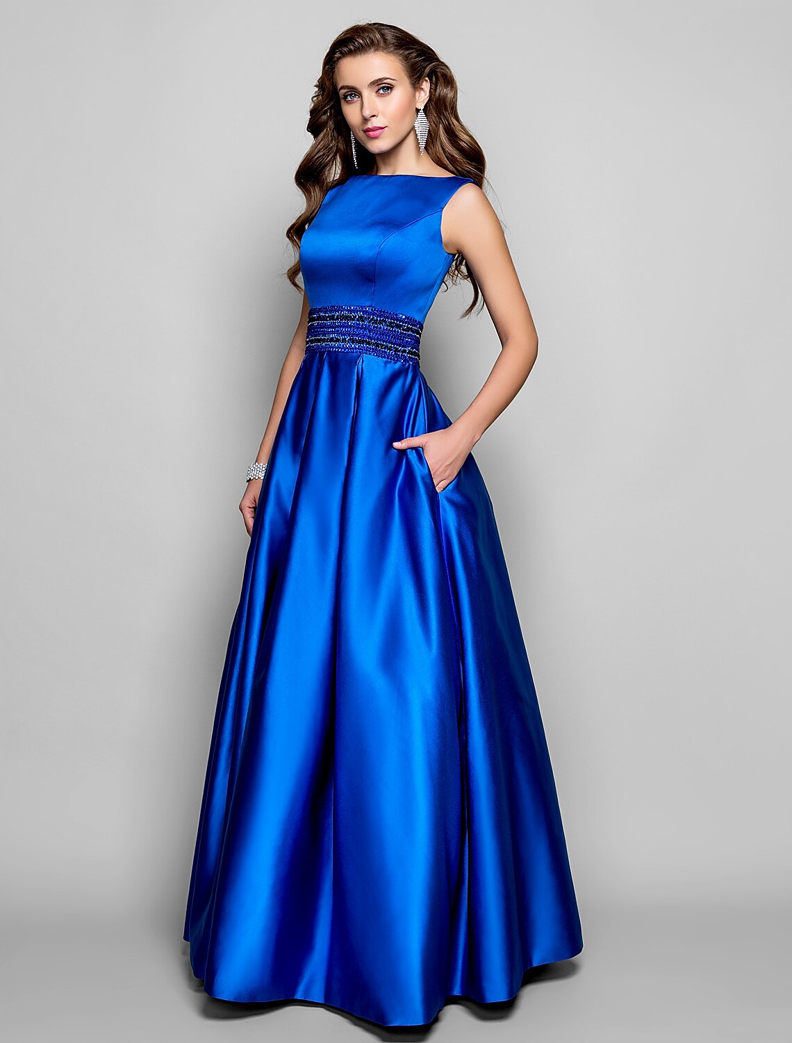 Royal Blue Satin A-Line Floor-Length Evening Dress - Scoop Neck Beaded Waistband