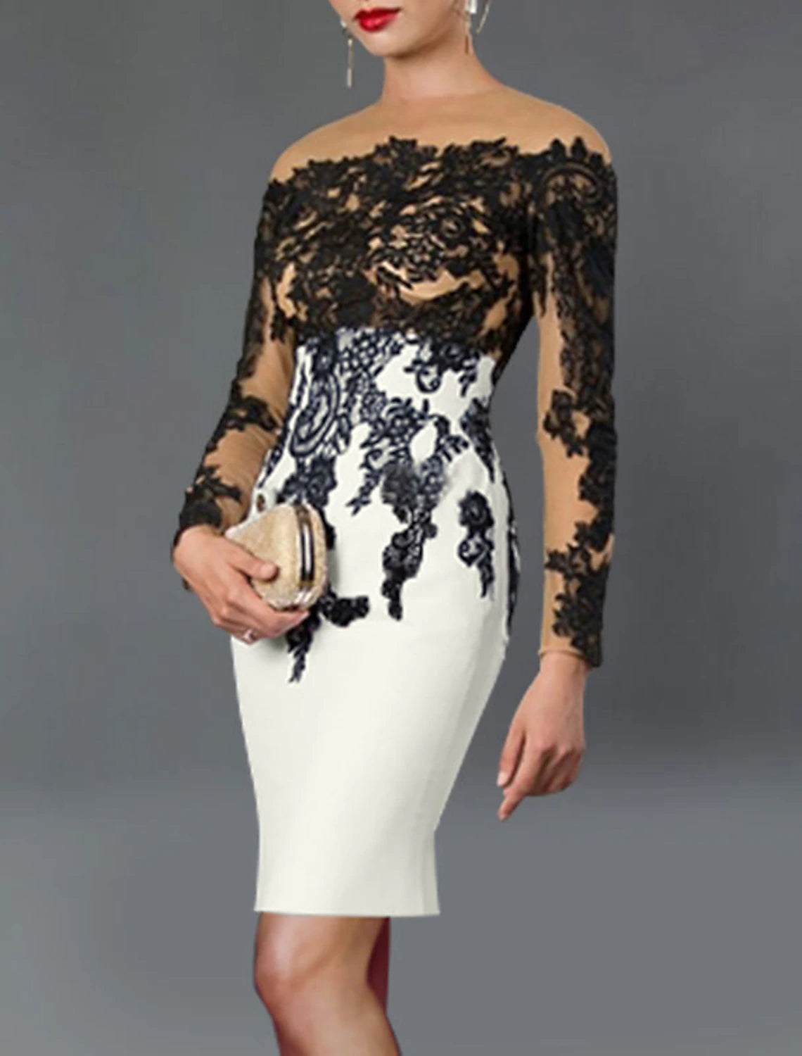 Sheath / Column Cocktail Black Dress Plus Size Elegant Dress Fall Wedding Guest Dress For Mother ColorBlock Tea Length Long Sleeve Off Shoulder  Crepe with Appliques