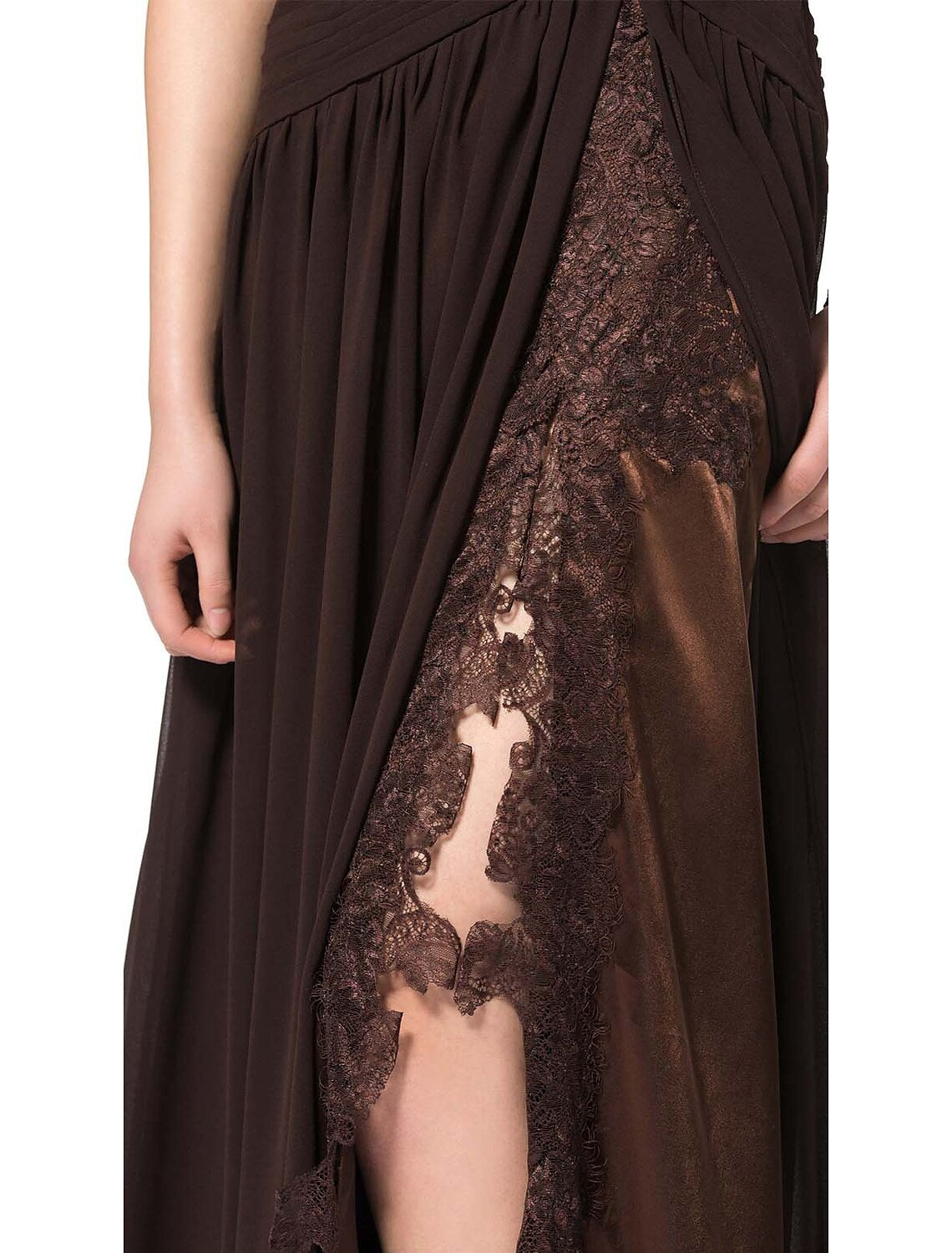Abito da sera formale elegante e sexy a trapezio, monospalla, senza maniche, lungo fino al pavimento, in chiffon con inserto in pizzo e spacco sulla schiena