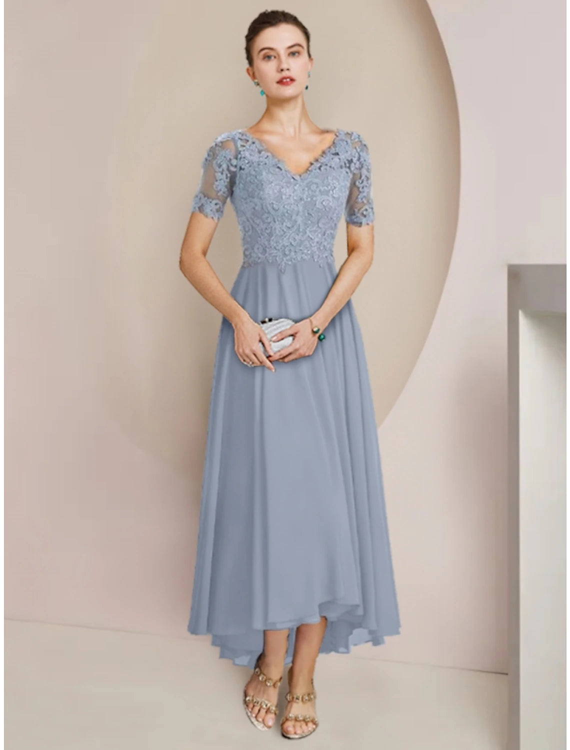 Dusty Blue Chiffon A-Line Asymmetrical Dress with Lace Bodice, High-Low Hem & Matching Bolero