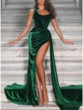 Vestido de noche de corte tubo/columna, estilo celebridad, formal, corte en cola, sin mangas, sin tirantes, con abertura fruncida
